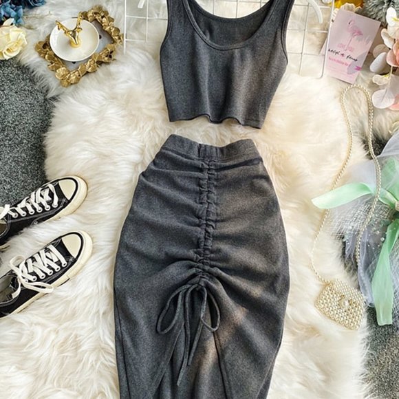 Women Knitted Short Tops + Drawstring Bodycon Skirt - Picture 4 of 9